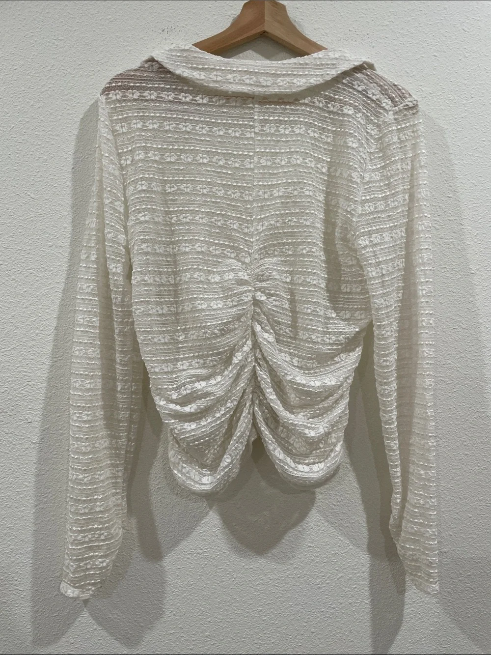 By Anthropologie Cream Boho Floral Lace Sheer Ruched Button-Front Top Large